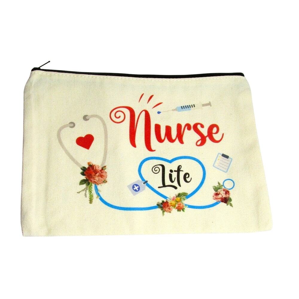 White Canvas Nurse Zip Cosmetic Pouch Medical Theme Utility Bag 7x9 inches